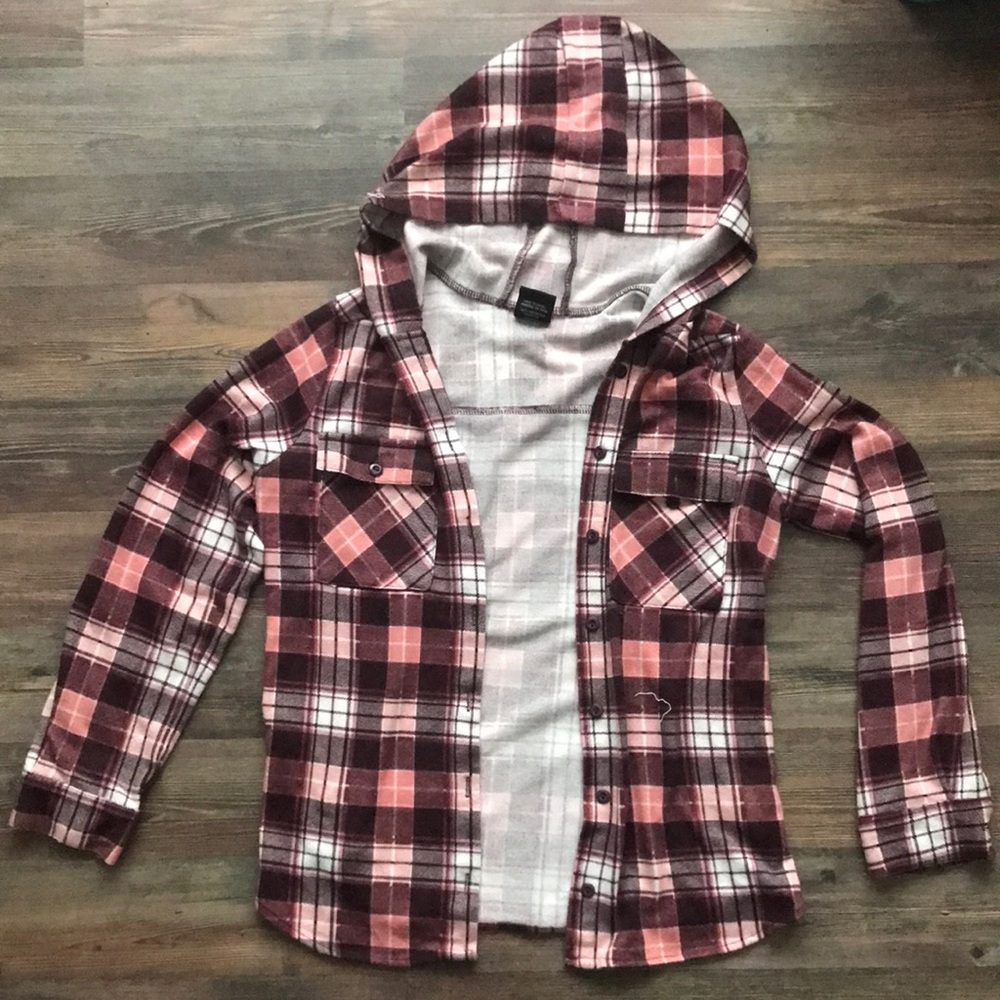 Pink/maroon hooded plaid button up